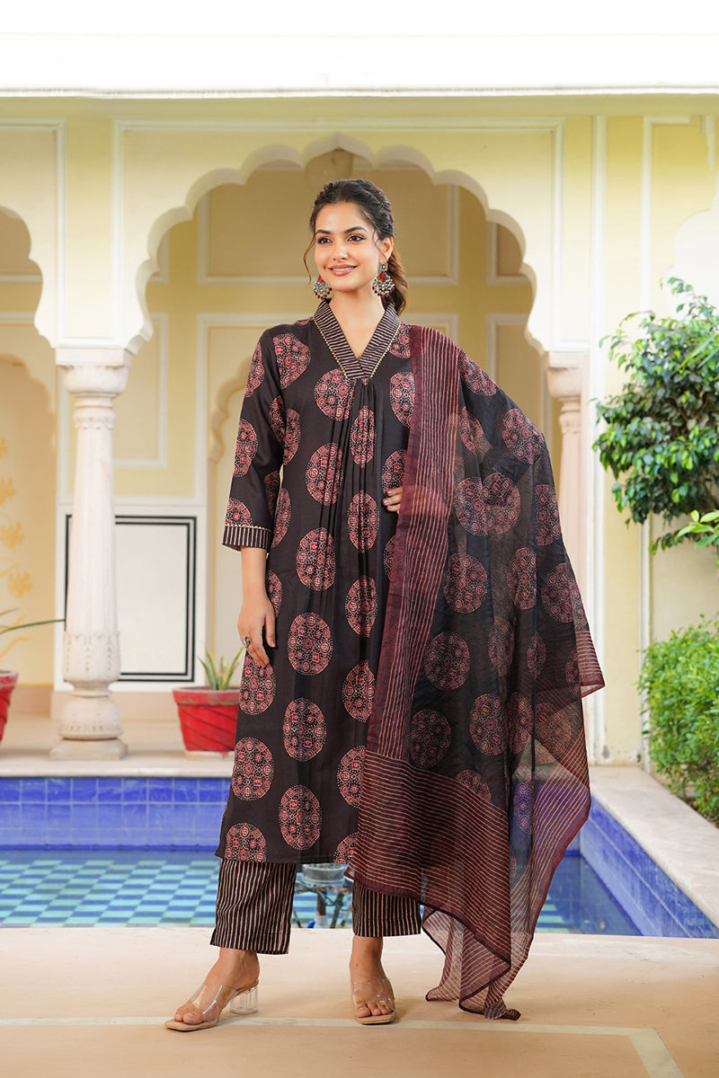 Black Rayon Blend Ajrakh Printed Straight Kurta Trousers With Dupatta VKSKD2333