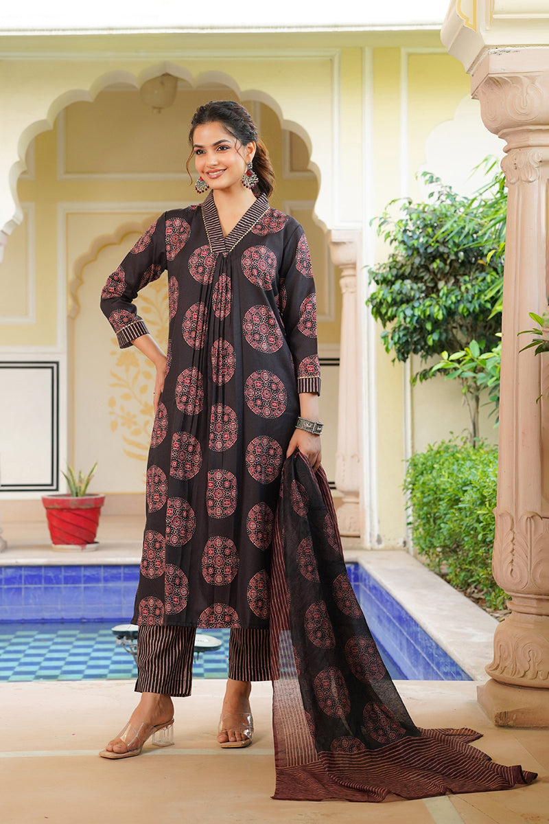 Black Rayon Blend Ajrakh Printed Straight Kurta Trousers With Dupatta VKSKD2333