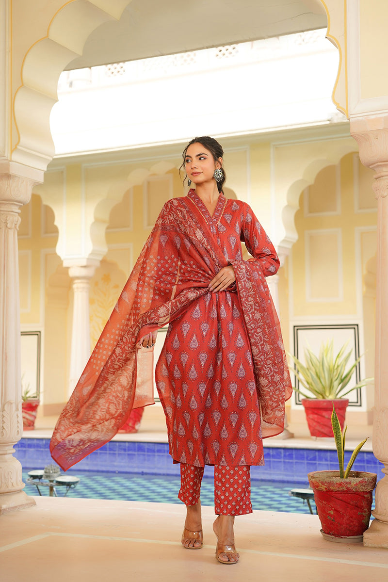 Red Rayon Blend Floral Printed Straight Kurta Trouser With Dupatta VKSKD2334