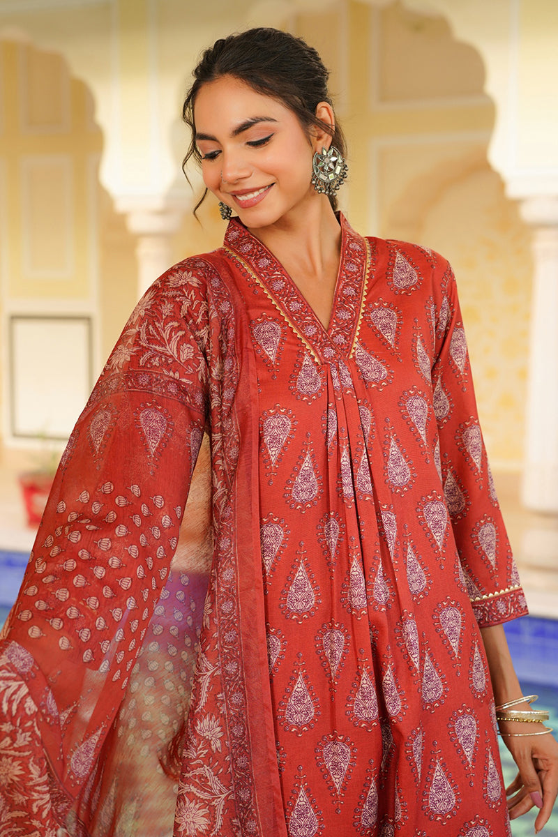 Red Rayon Blend Floral Printed Straight Kurta Trouser With Dupatta VKSKD2334