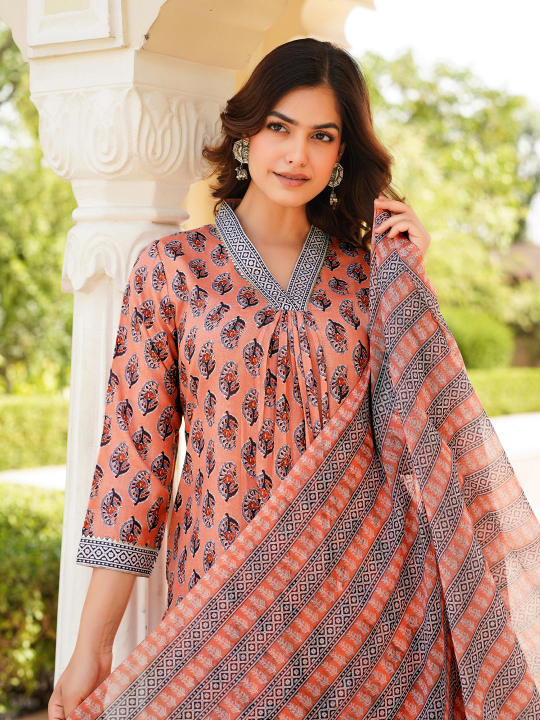 Peach Rayon Blend Ethnic Motifs Printed Straight Kurta Trousers With Dupatta VKSKD2335