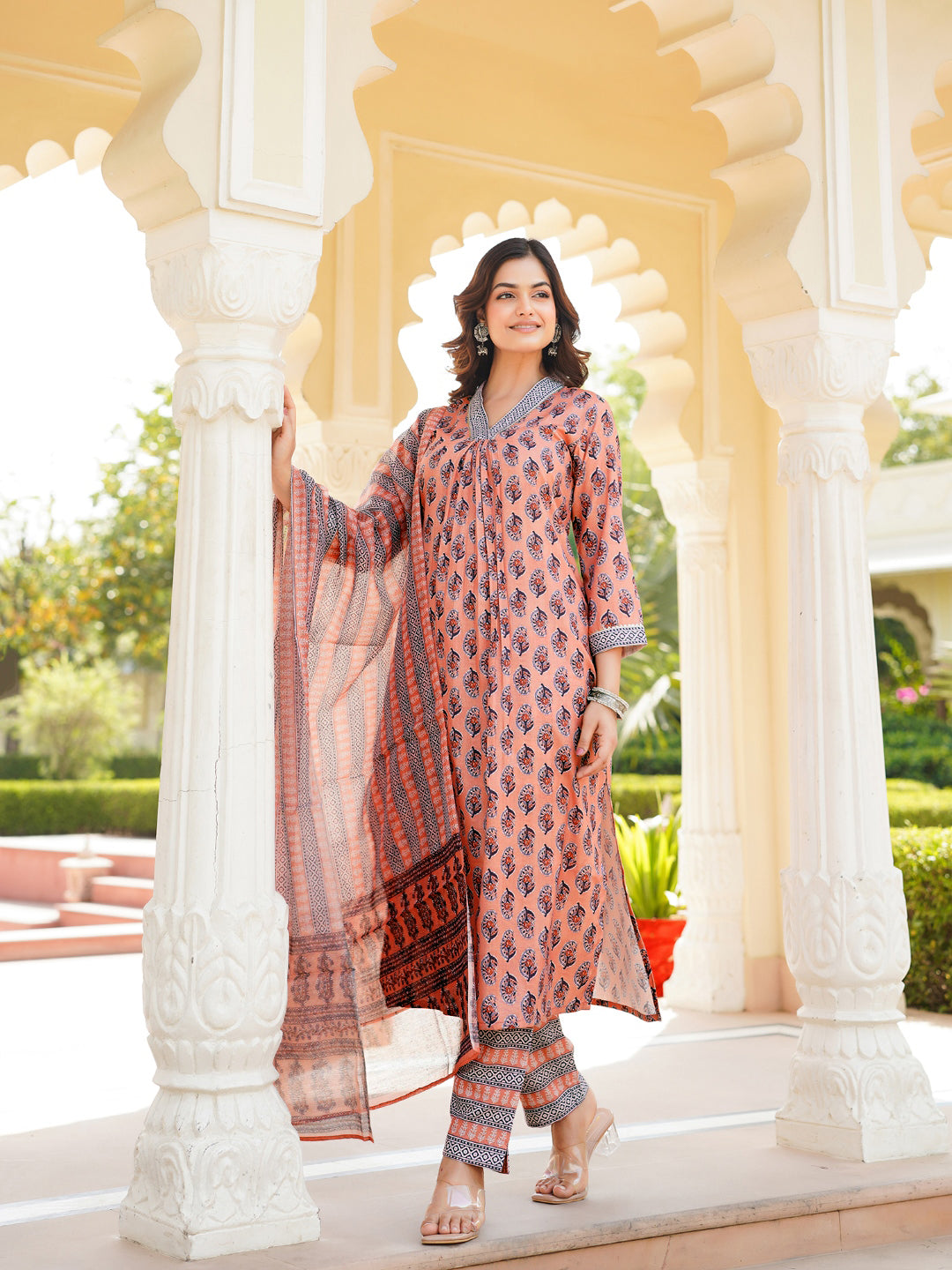 Peach Rayon Blend Ethnic Motifs Printed Straight Kurta Trousers With Dupatta VKSKD2335
