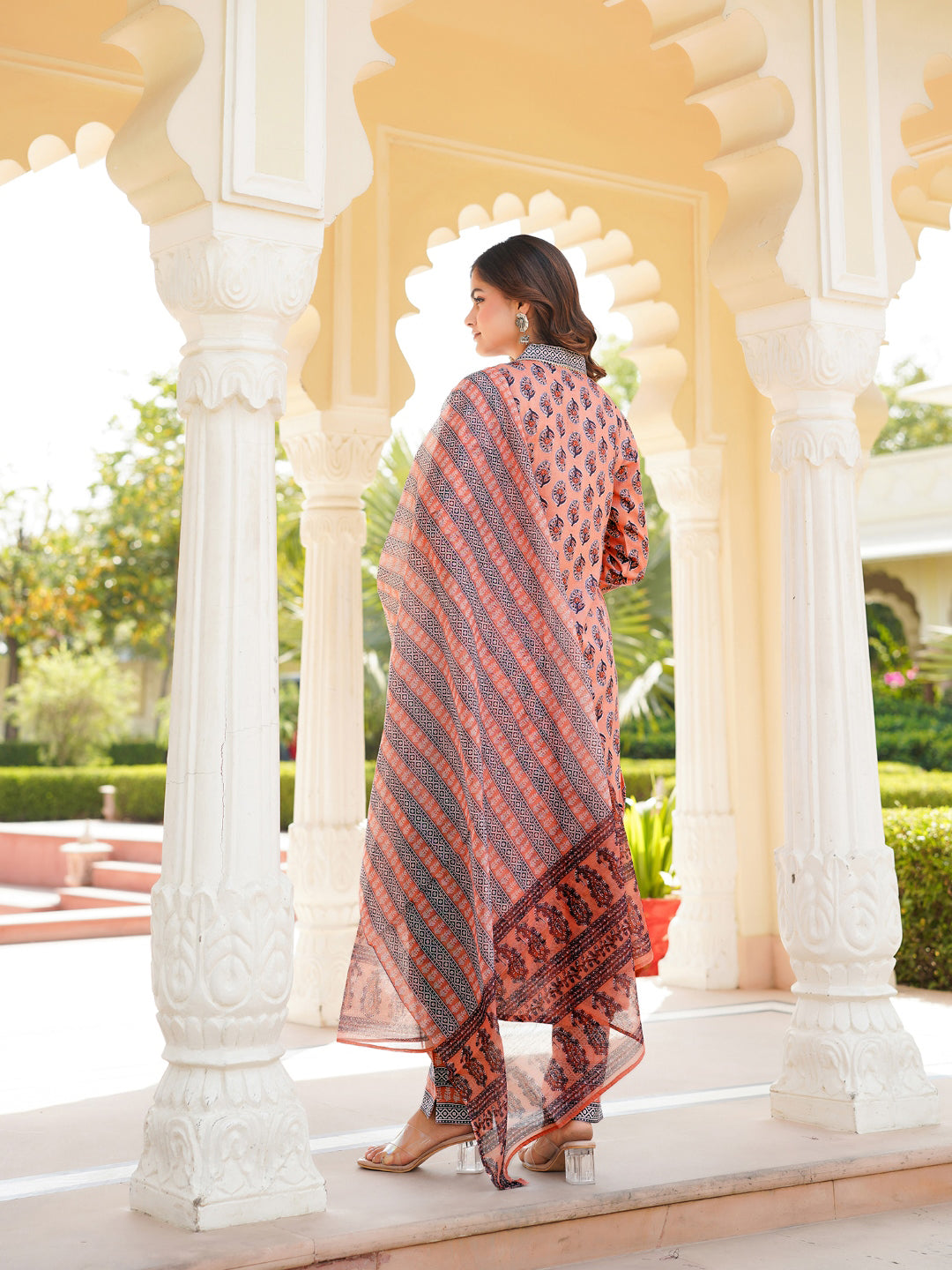 Peach Rayon Blend Ethnic Motifs Printed Straight Kurta Trousers With Dupatta VKSKD2335
