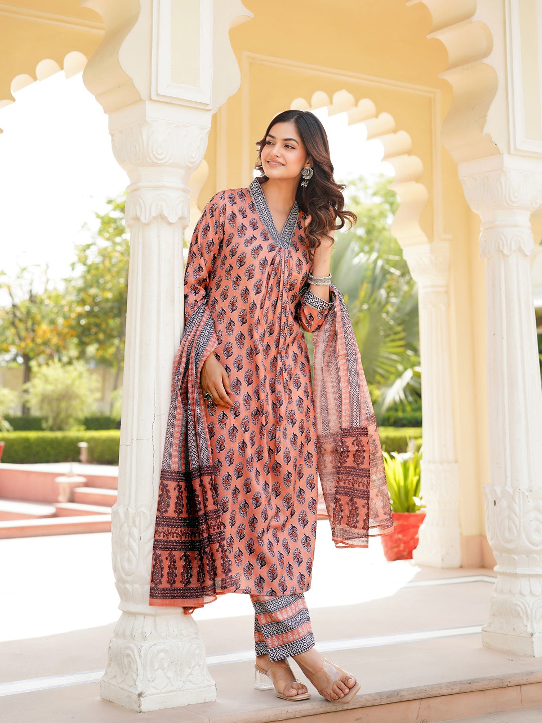 Peach Rayon Blend Ethnic Motifs Printed Straight Kurta Trousers With Dupatta VKSKD2335