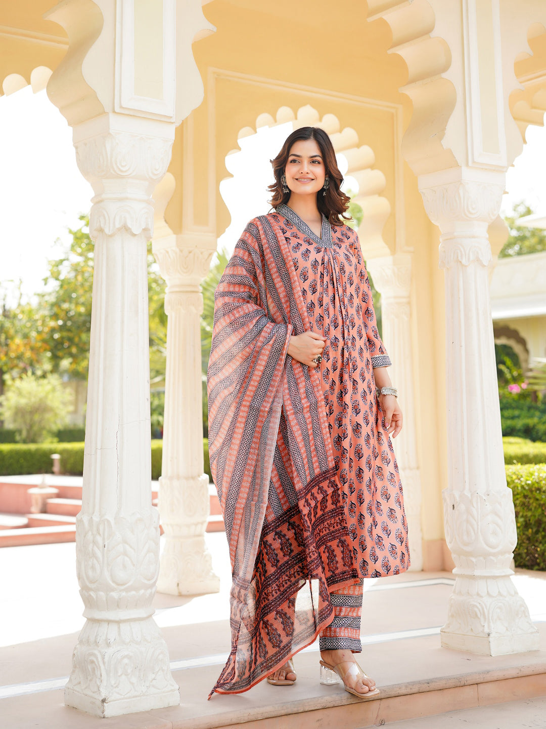Peach Rayon Blend Ethnic Motifs Printed Straight Kurta Trousers With Dupatta VKSKD2335