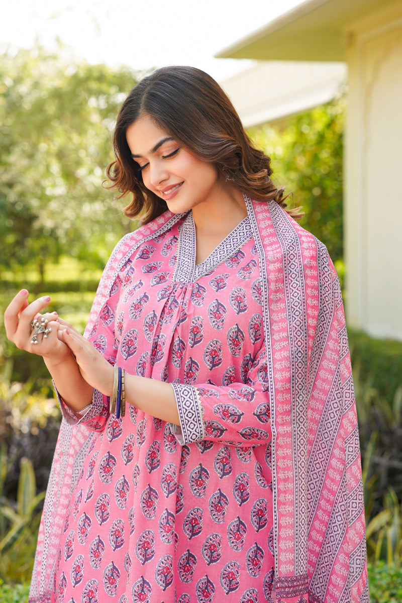 Pink Rayon Blend Ethnic Motifs Printed Straight Kurta Trouser With Dupatta VKSKD2336