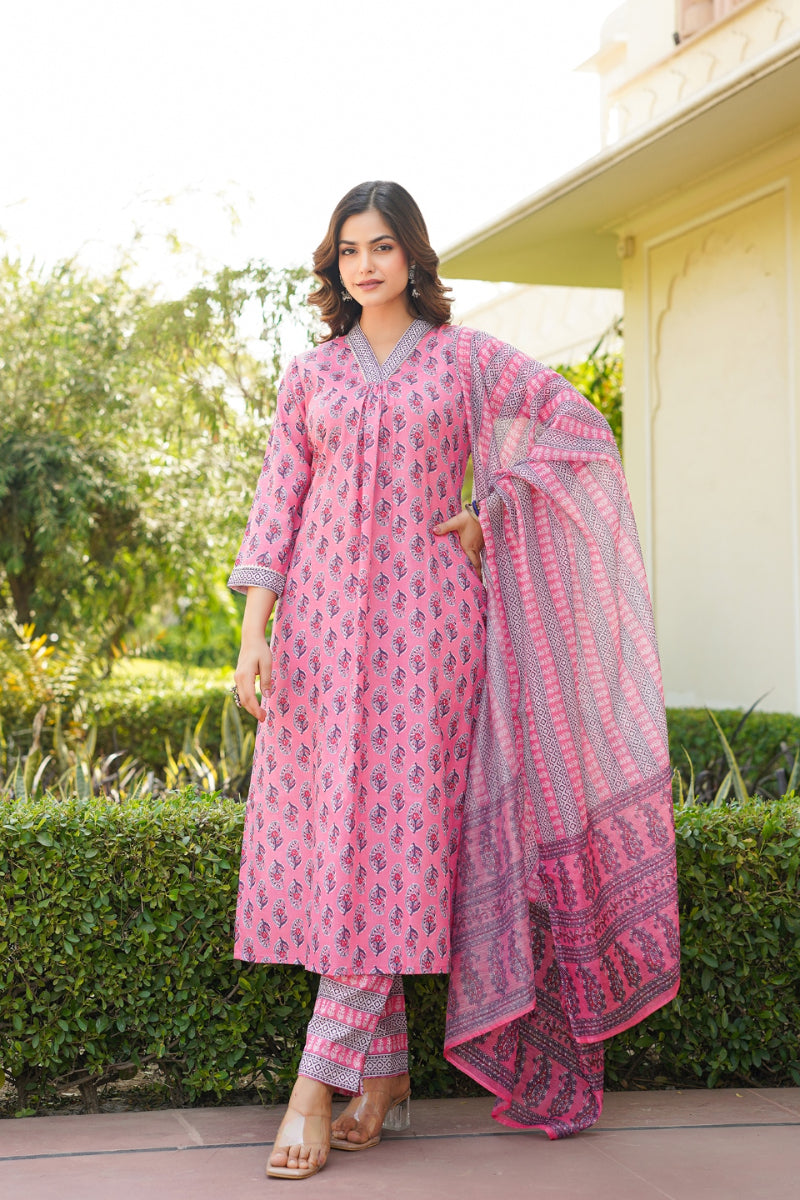 Pink Rayon Blend Ethnic Motifs Printed Straight Kurta Trouser With Dupatta VKSKD2336
