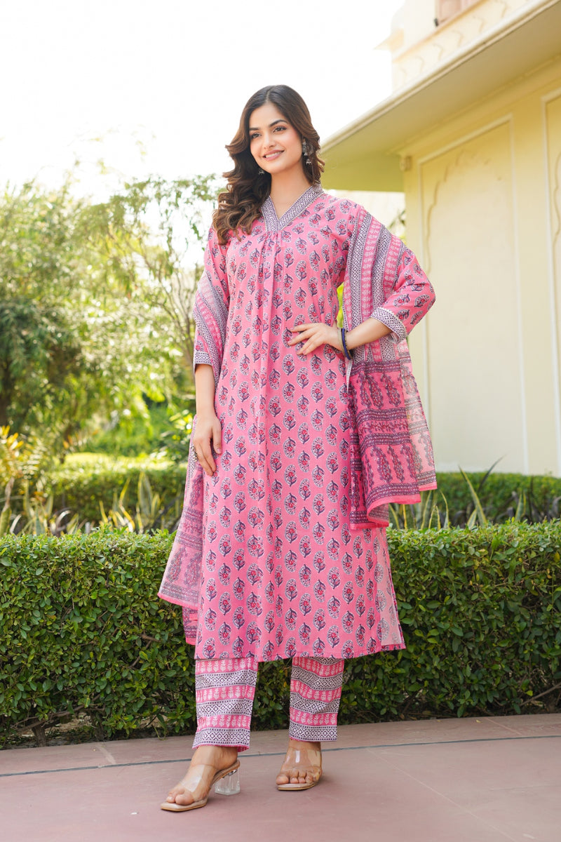 Pink Rayon Blend Ethnic Motifs Printed Straight Kurta Trouser With Dupatta VKSKD2336