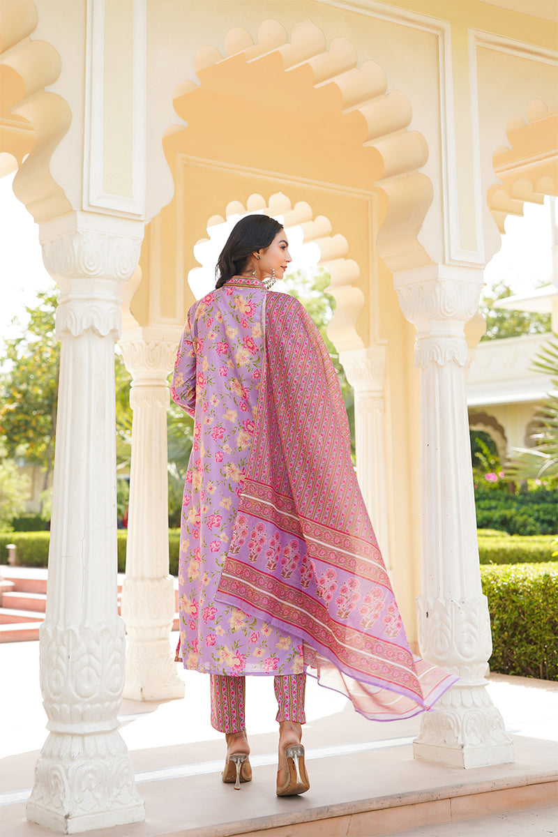 Purple Rayon Blend Floral Printed Straight Kurta Trousers With Dupatta VKSKD2337