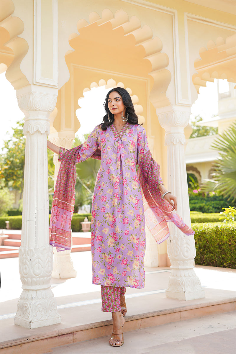 Purple Rayon Blend Floral Printed Straight Kurta Trousers With Dupatta VKSKD2337