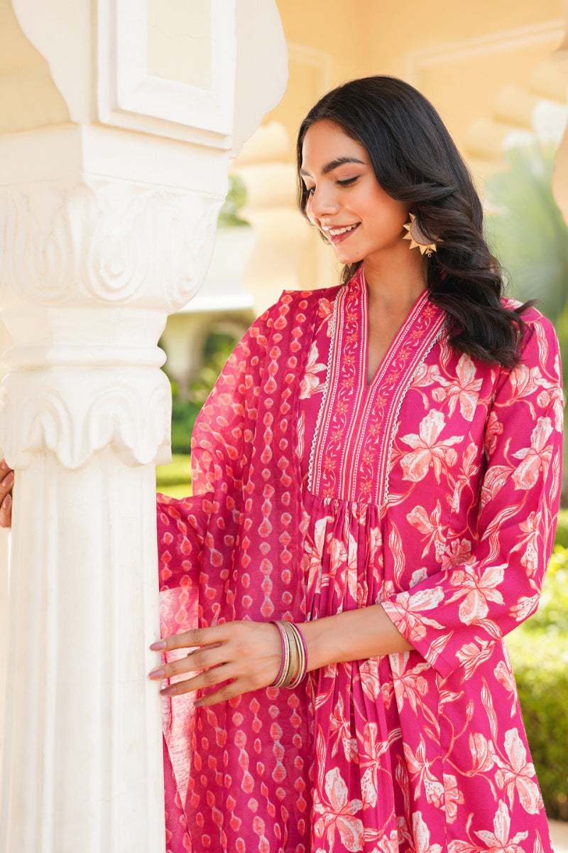 Pink Rayon Blend Floral Printed A-Line Kurta Palazzo With Dupatta VKSKD2343