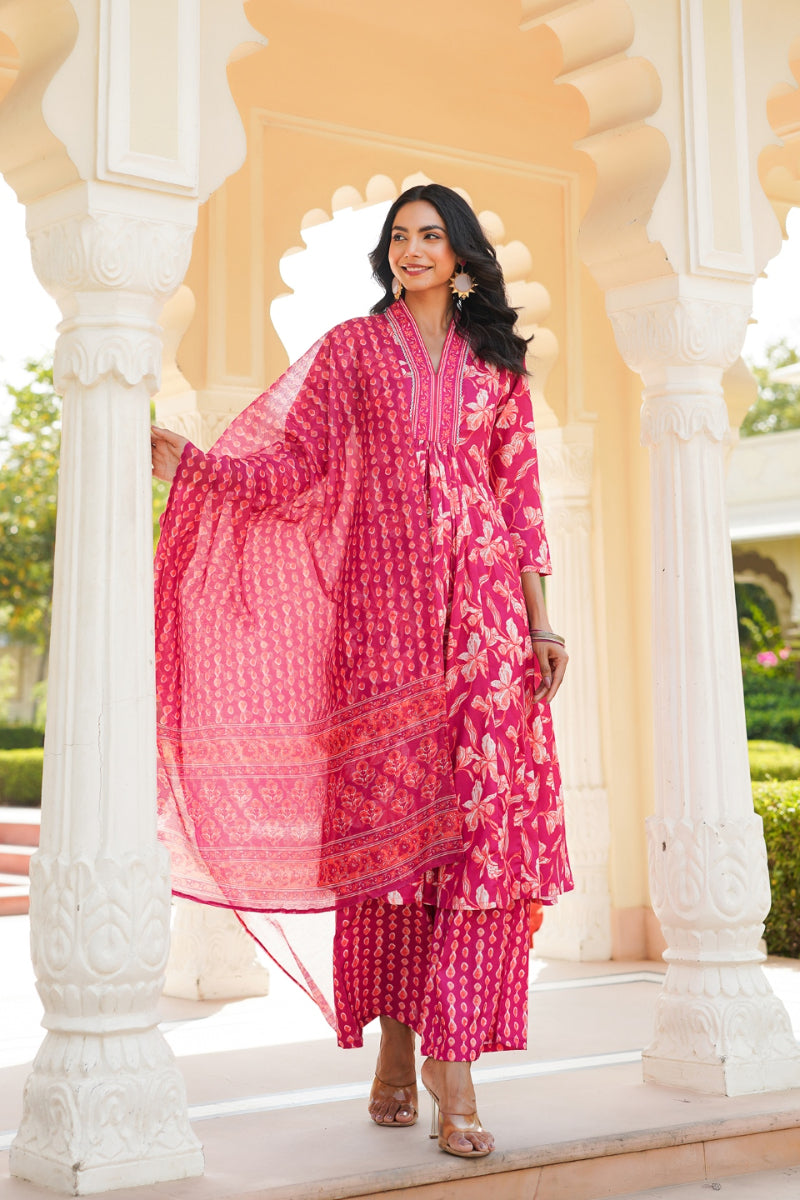 Pink Rayon Blend Floral Printed A-Line Kurta Palazzo With Dupatta VKSKD2343