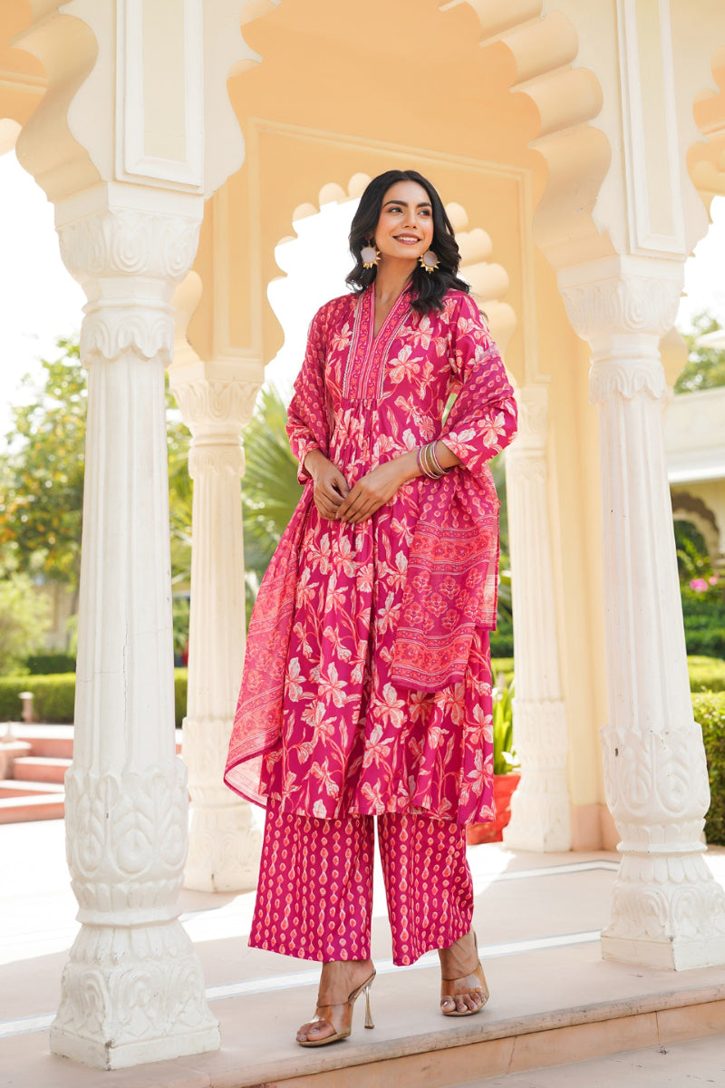 Pink Rayon Blend Floral Printed A-Line Kurta Palazzo With Dupatta VKSKD2343