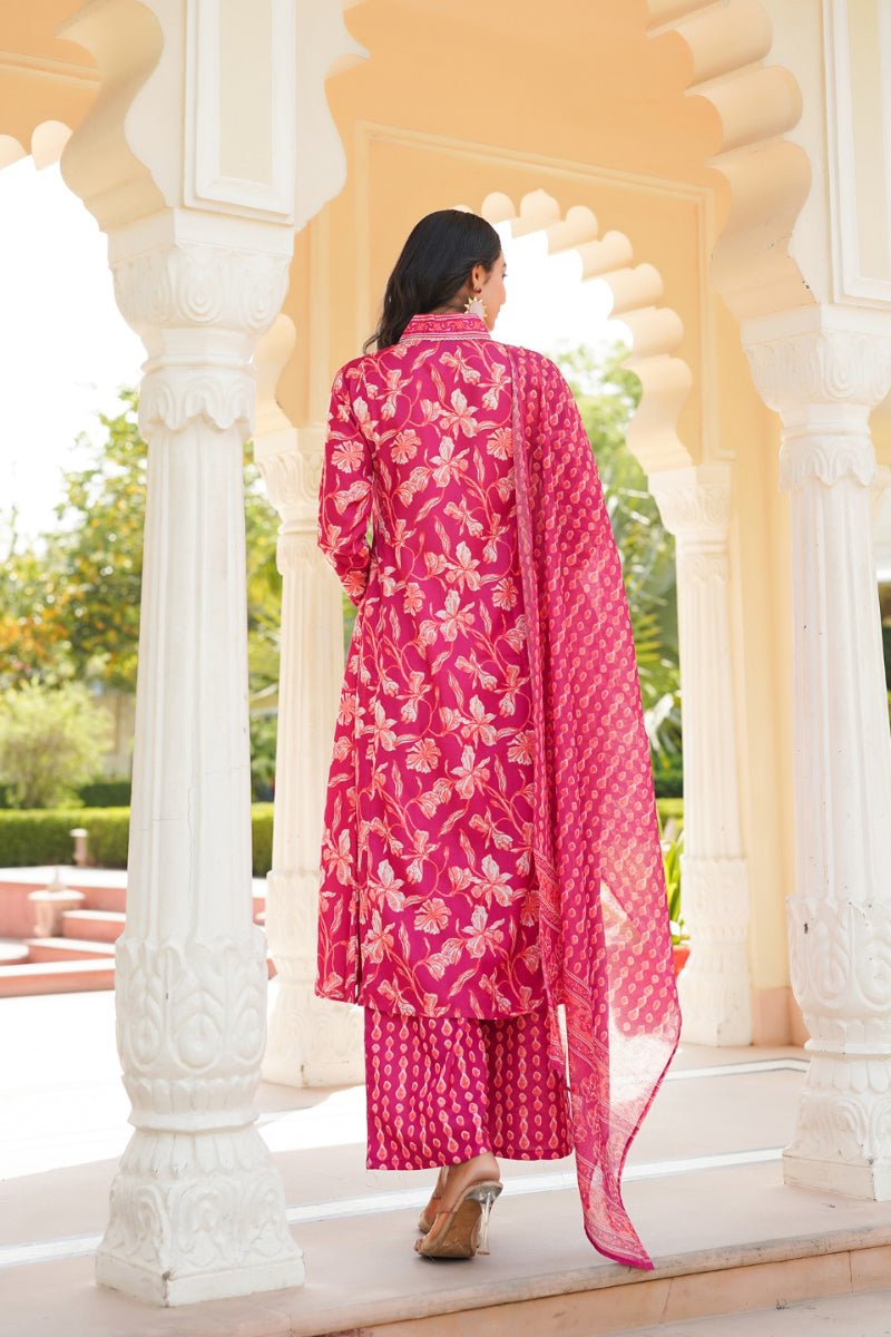 Pink Rayon Blend Floral Printed A-Line Kurta Palazzo With Dupatta VKSKD2343