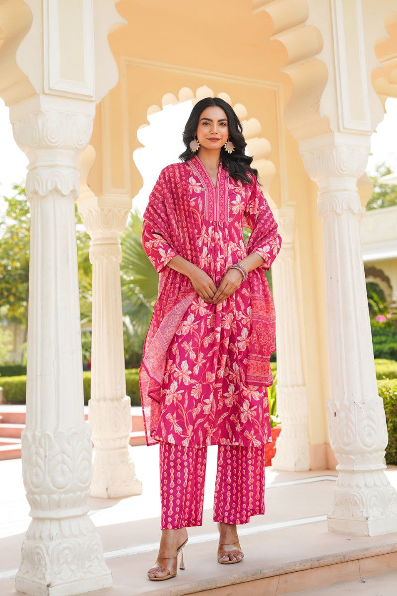 Pink Rayon Blend Floral Printed A-Line Kurta Palazzo With Dupatta VKSKD2343