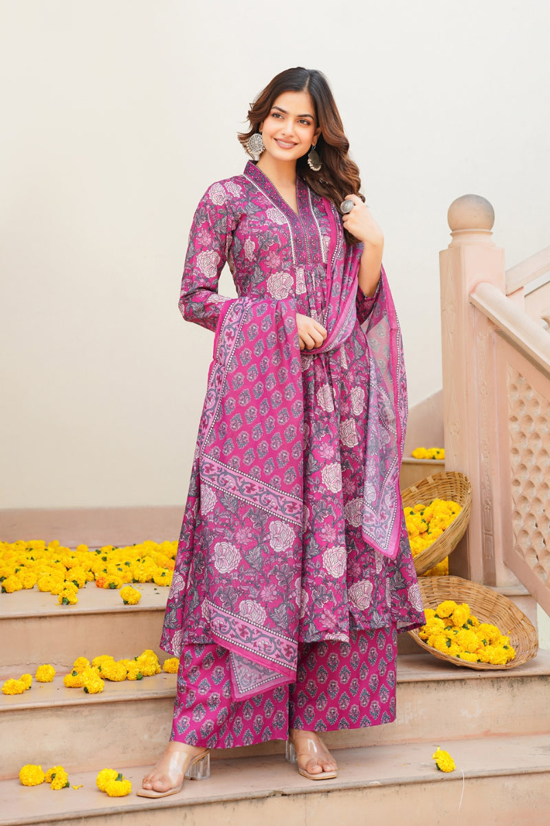 Pink Rayon Blend Floral Printed A-Line Kurta Palazzo With Dupatta VKSKD2345