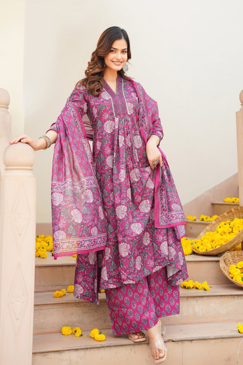 Pink Rayon Blend Floral Printed A-Line Kurta Palazzo With Dupatta VKSKD2345