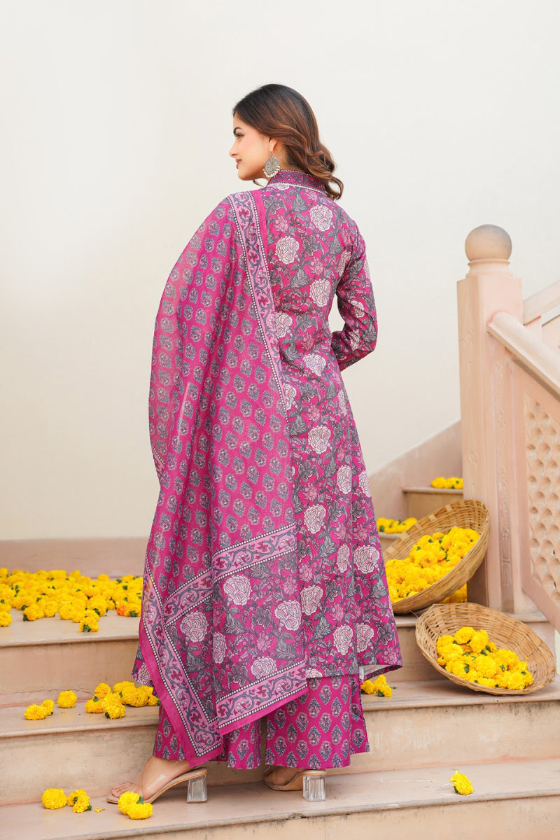 Pink Rayon Blend Floral Printed A-Line Kurta Palazzo With Dupatta VKSKD2345