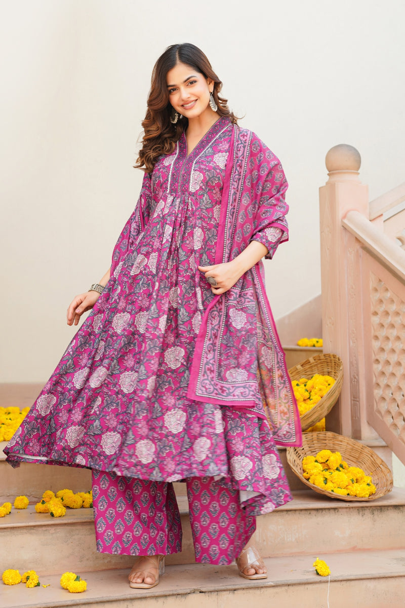 Pink Rayon Blend Floral Printed A-Line Kurta Palazzo With Dupatta VKSKD2345