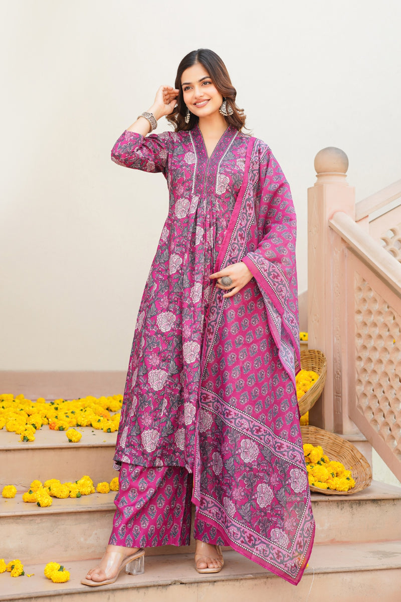 Pink Rayon Blend Floral Printed A-Line Kurta Palazzo With Dupatta VKSKD2345