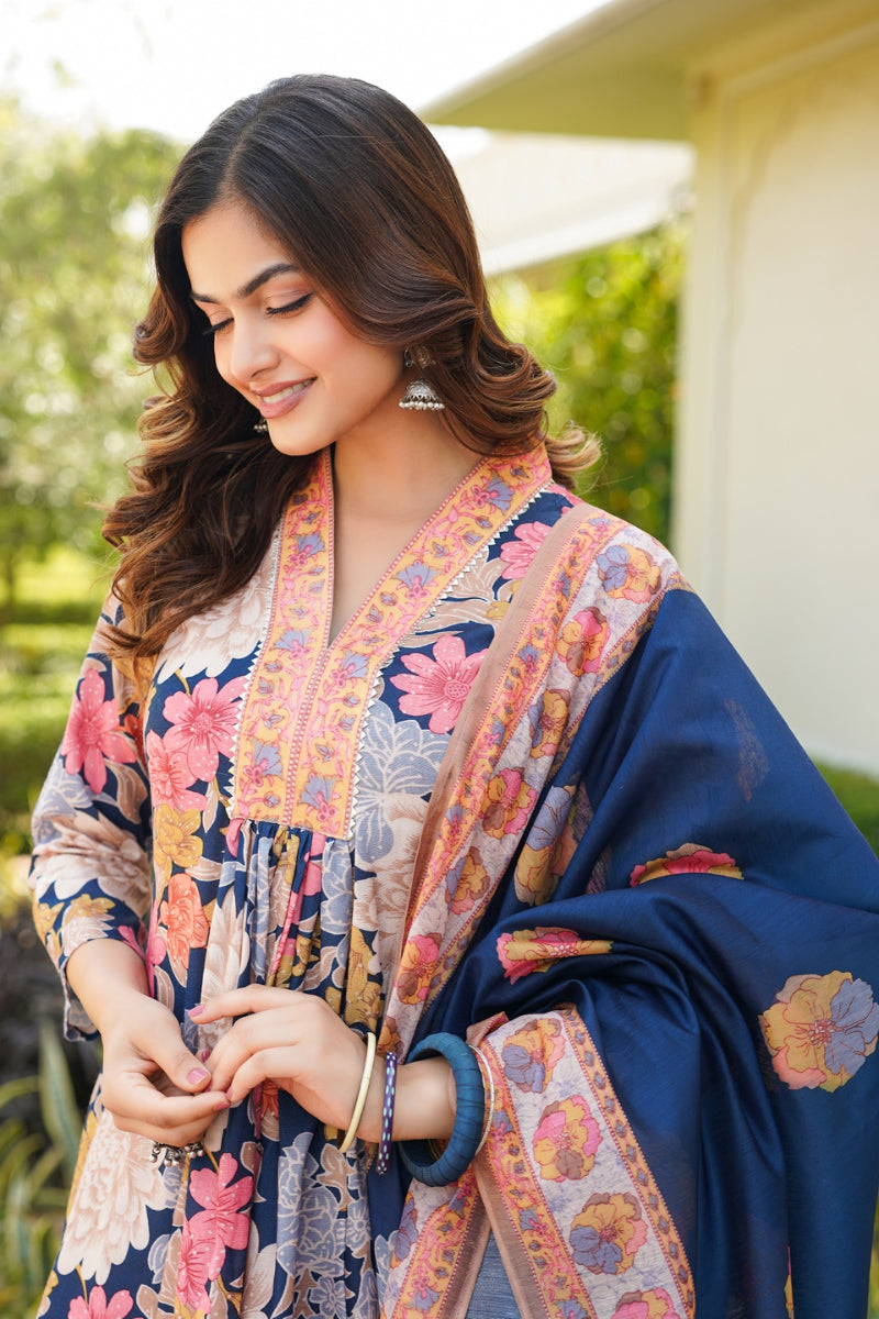 Navy Blue Rayon Blend Floral Printed A-Line Kurta Palazzo With Dupatta VKSKD2349