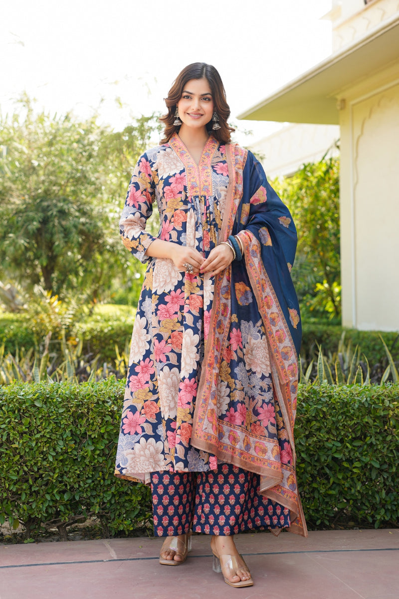 Navy Blue Rayon Blend Floral Printed A-Line Kurta Palazzo With Dupatta VKSKD2349