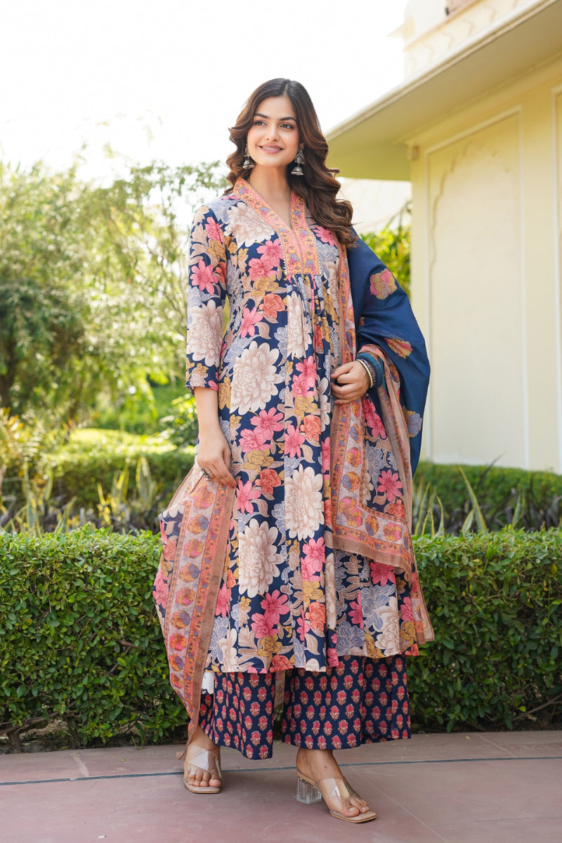 Navy Blue Rayon Blend Floral Printed A-Line Kurta Palazzo With Dupatta VKSKD2349