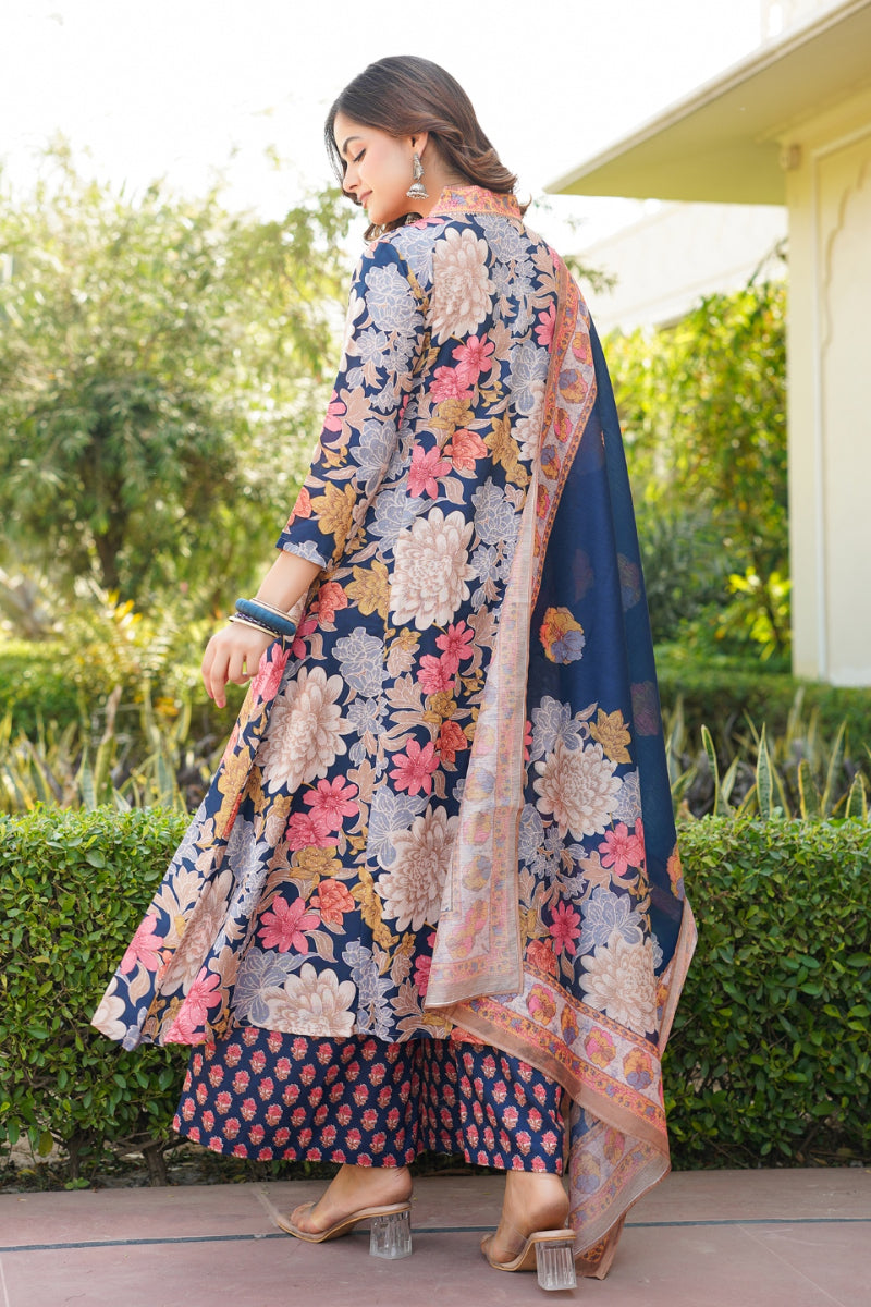 Navy Blue Rayon Blend Floral Printed A-Line Kurta Palazzo With Dupatta VKSKD2349