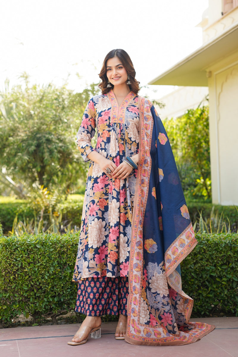 Navy Blue Rayon Blend Floral Printed A-Line Kurta Palazzo With Dupatta VKSKD2349