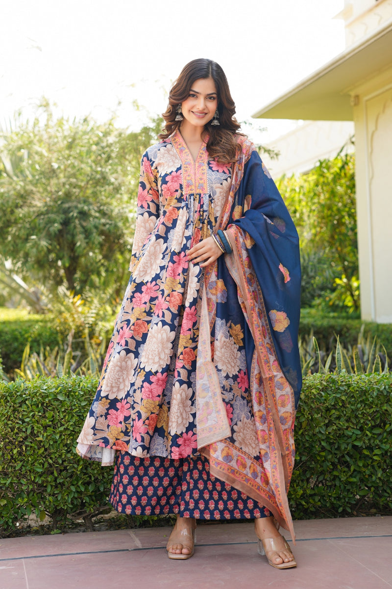 Navy Blue Rayon Blend Floral Printed A-Line Kurta Palazzo With Dupatta VKSKD2349