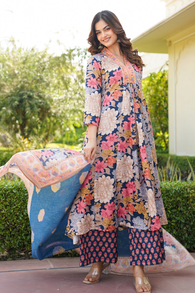 Navy Blue Rayon Blend Floral Printed A-Line Kurta Palazzo With Dupatta VKSKD2349