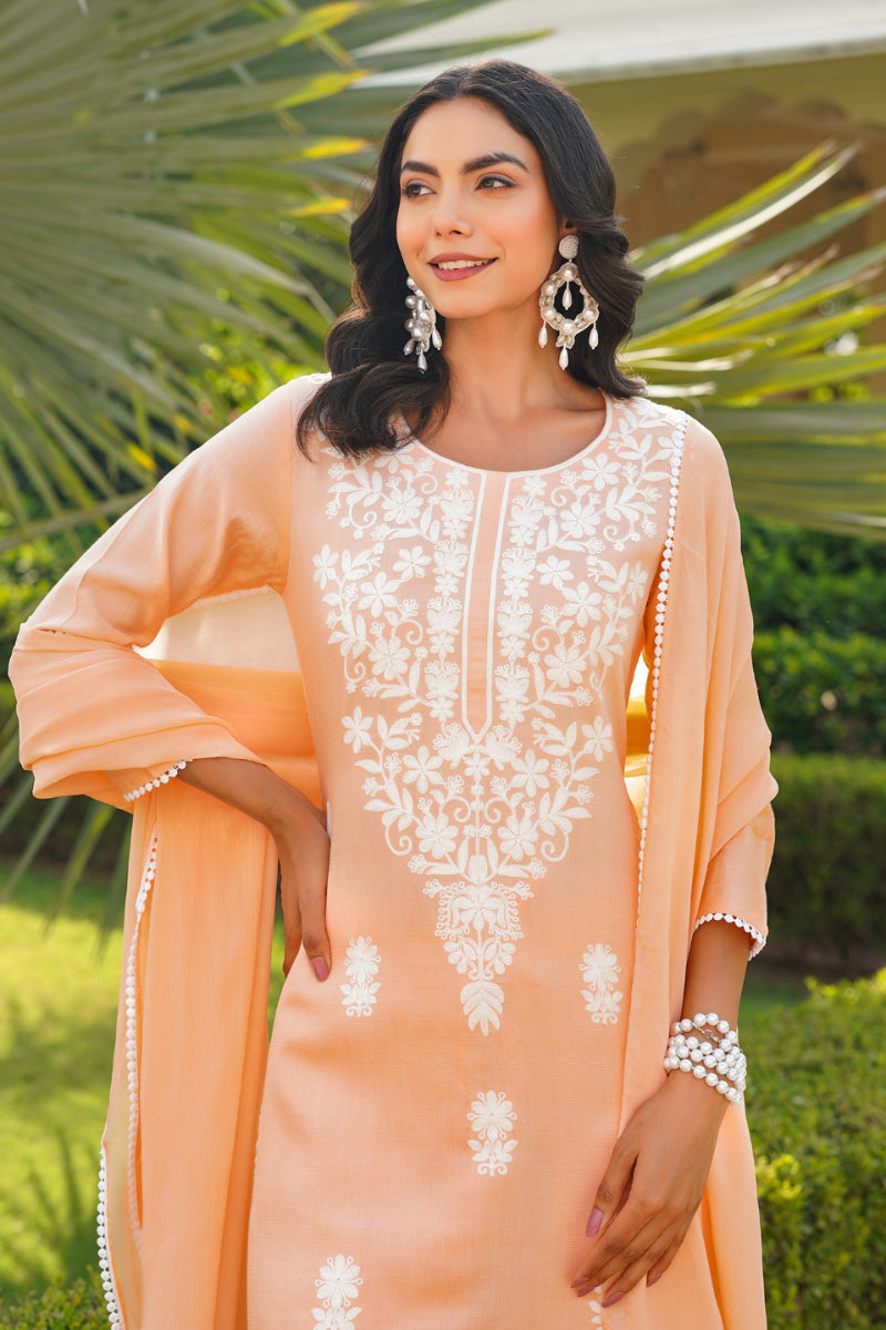 Peach Viscose Solid Embroidered Straight Kurta Palazzo With Dupatta VKSKD2351