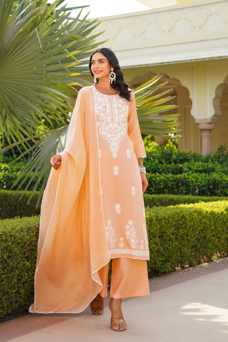 Peach Viscose Solid Embroidered Straight Kurta Palazzo With Dupatta VKSKD2351
