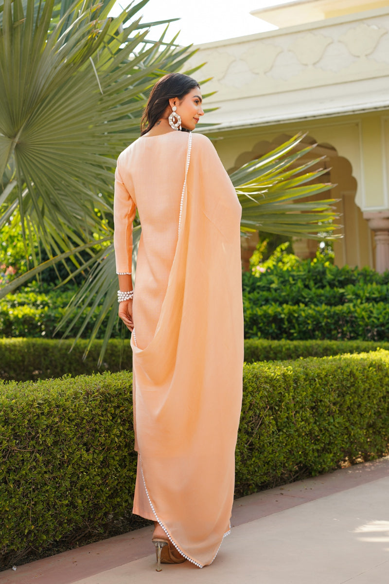 Peach Viscose Solid Embroidered Straight Kurta Palazzo With Dupatta VKSKD2351