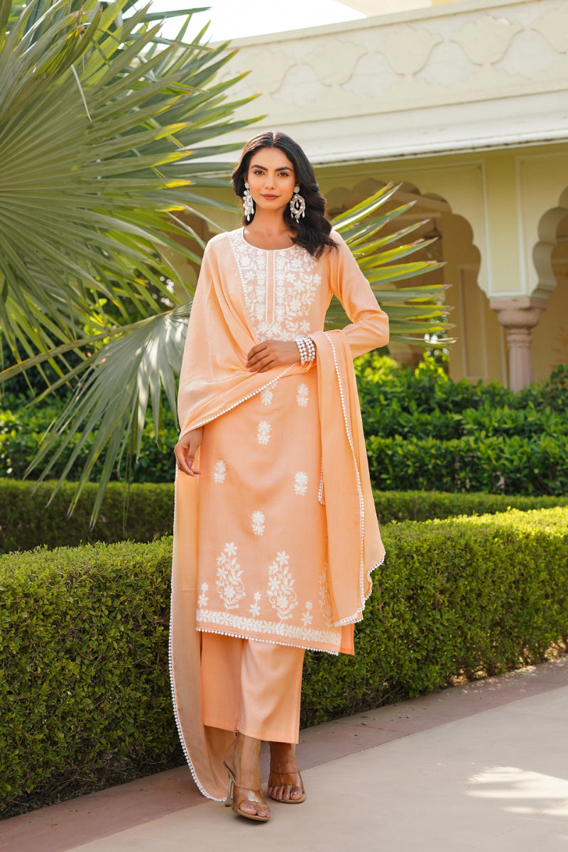 Peach Viscose Solid Embroidered Straight Kurta Palazzo With Dupatta VKSKD2351