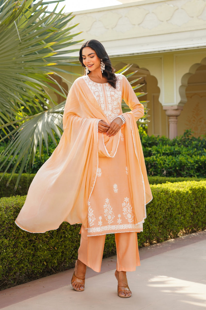 Peach Viscose Solid Embroidered Straight Kurta Palazzo With Dupatta VKSKD2351