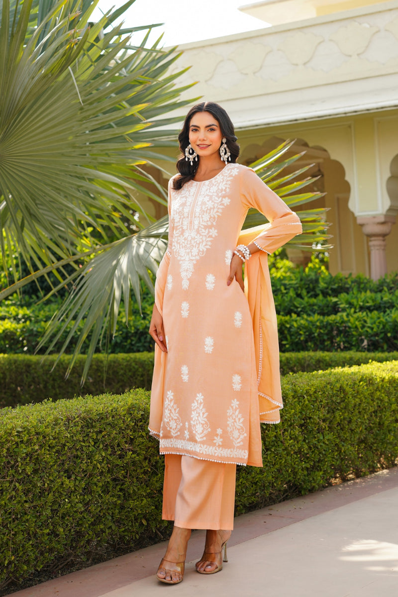 Peach Viscose Solid Embroidered Straight Kurta Palazzo With Dupatta VKSKD2351