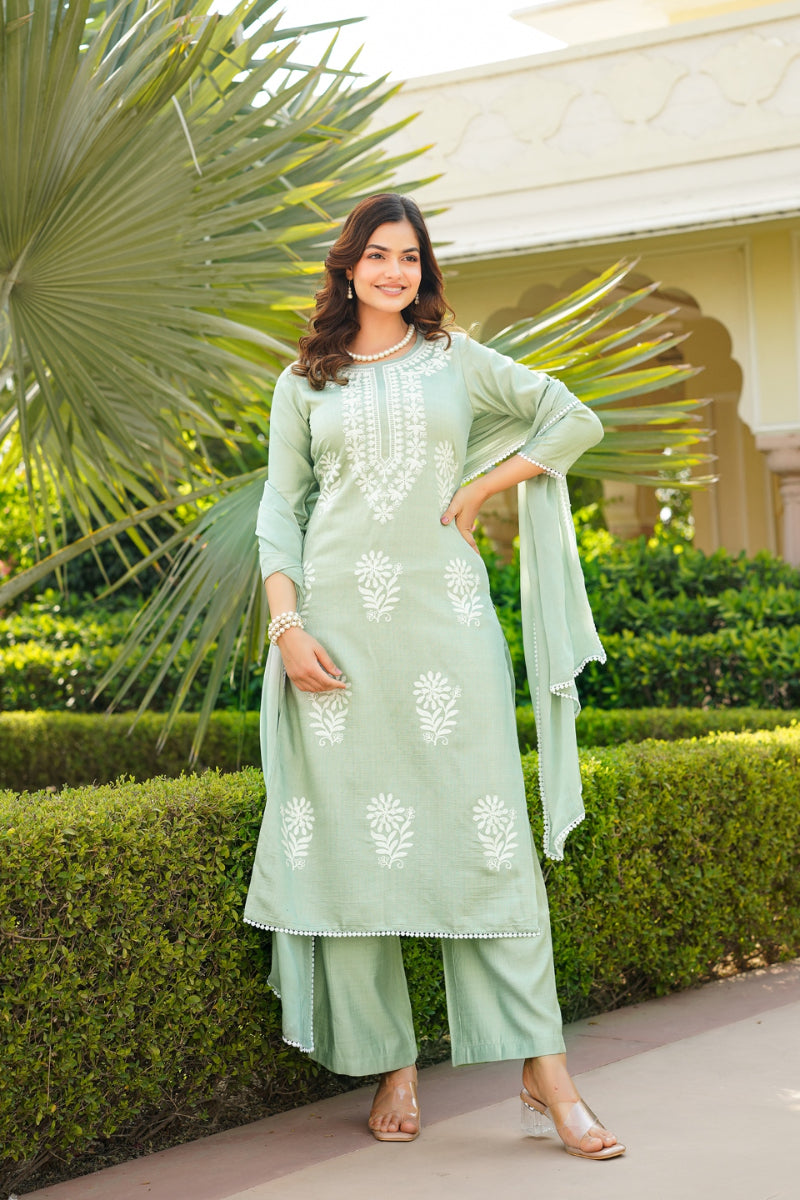 Green Viscose Solid Embroidered Straight Kurta Palazzo With Dupatta VKSKD2353