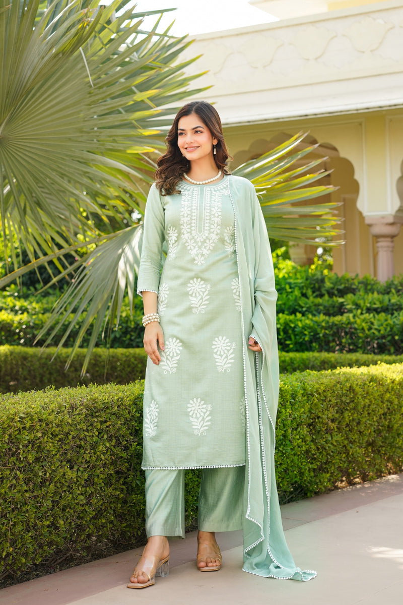 Green Viscose Solid Embroidered Straight Kurta Palazzo With Dupatta VKSKD2353