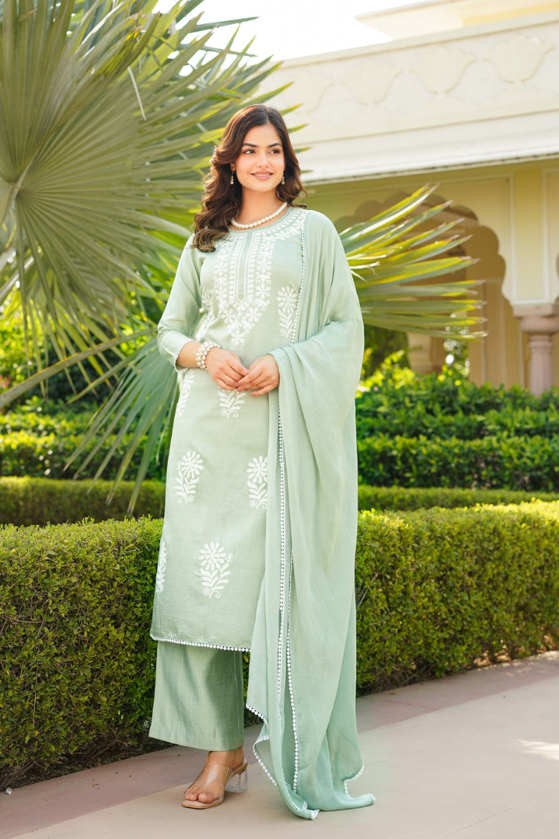 Green Viscose Solid Embroidered Straight Kurta Palazzo With Dupatta VKSKD2353