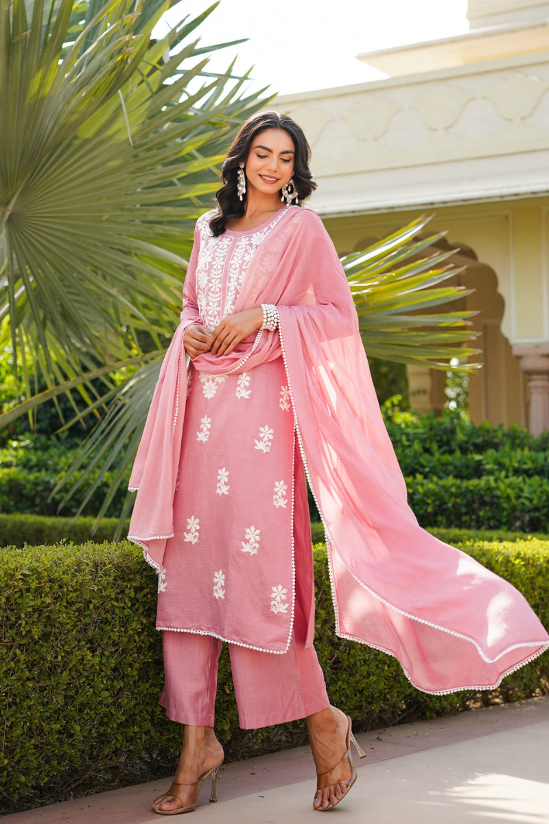 Pink Viscose Solid Embroidered Straight Kurta Palazzo With Dupatta VKSKD2354