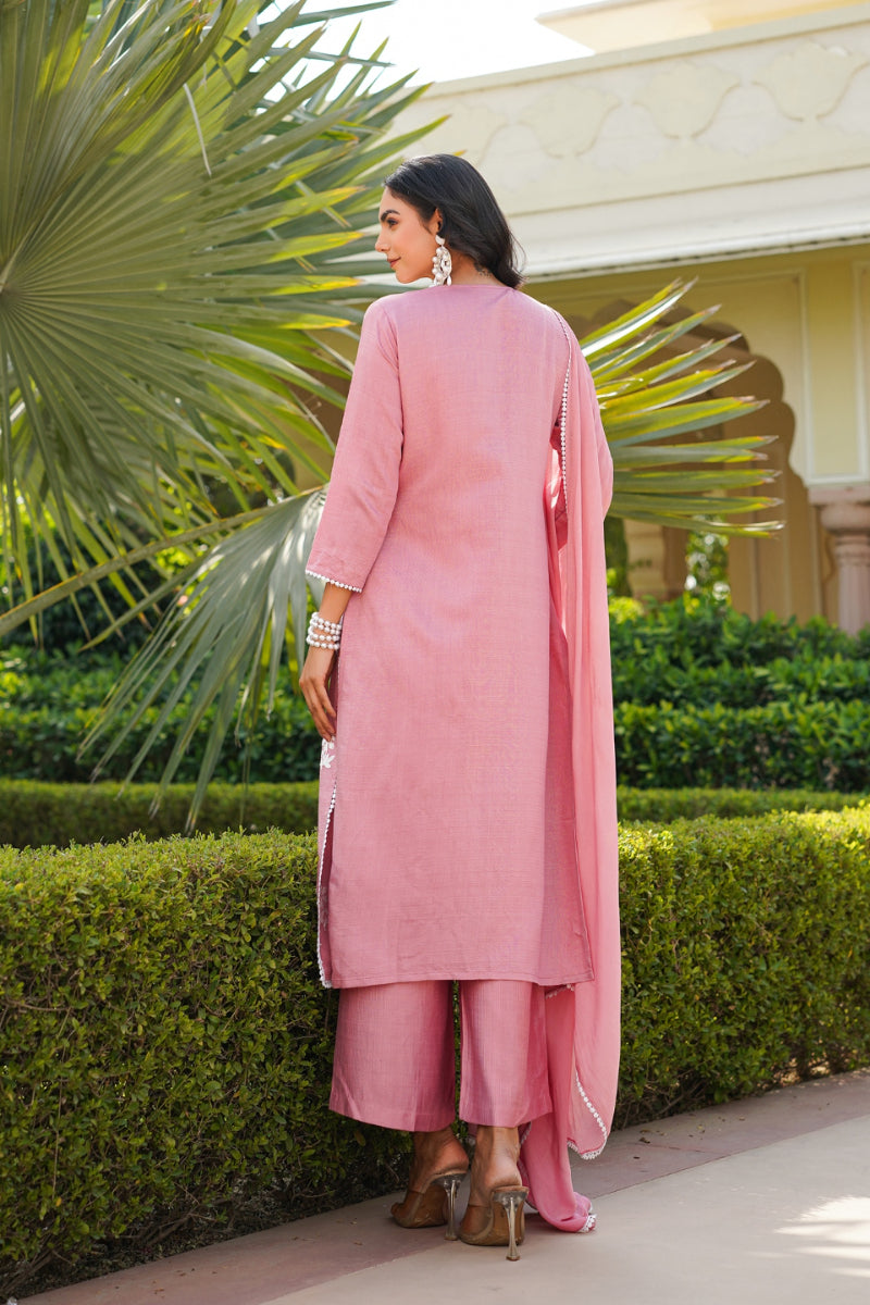 Pink Viscose Solid Embroidered Straight Kurta Palazzo With Dupatta VKSKD2354