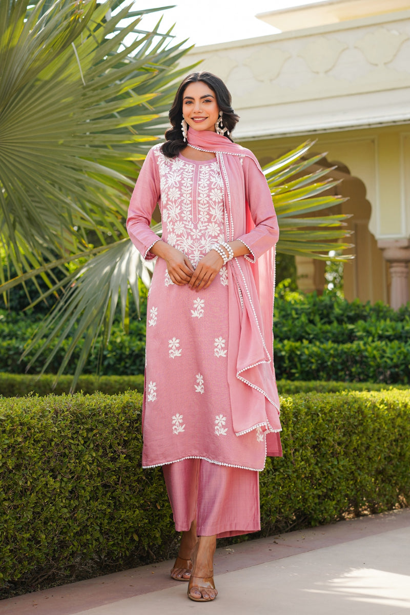 Pink Viscose Solid Embroidered Straight Kurta Palazzo With Dupatta VKSKD2354