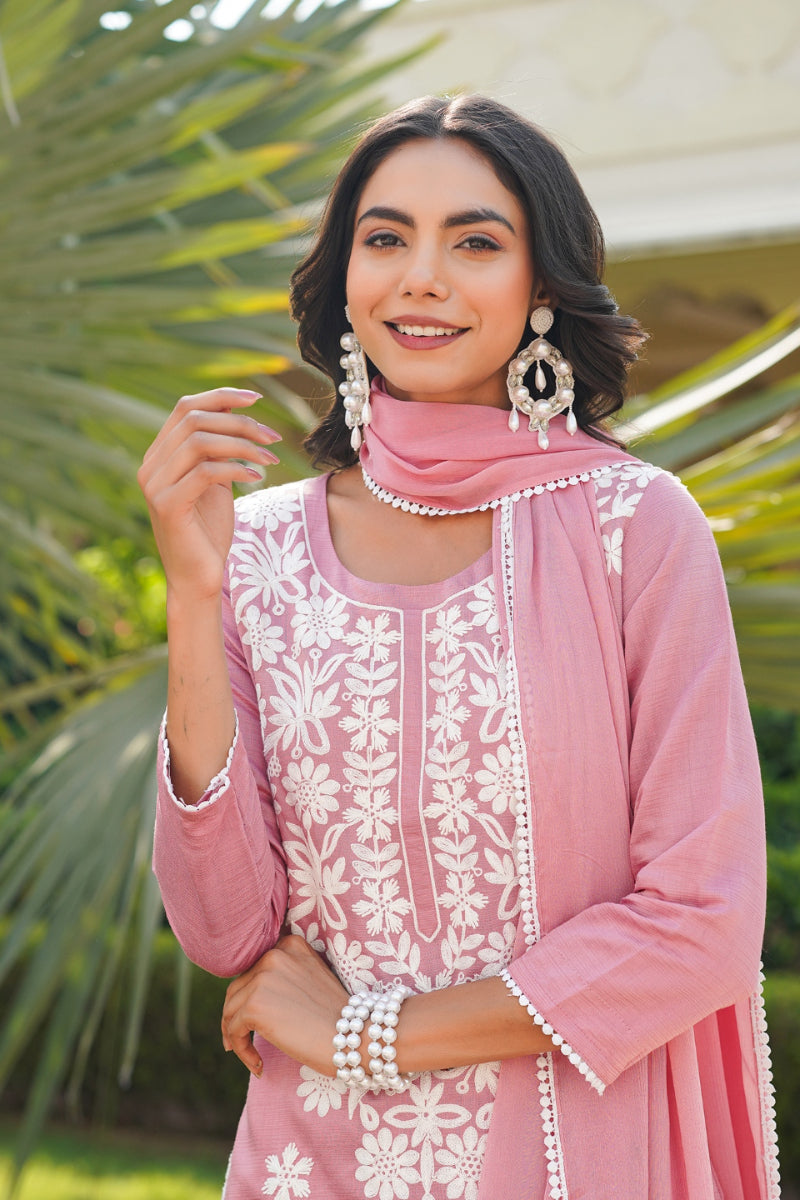 Pink Viscose Solid Embroidered Straight Kurta Palazzo With Dupatta VKSKD2354