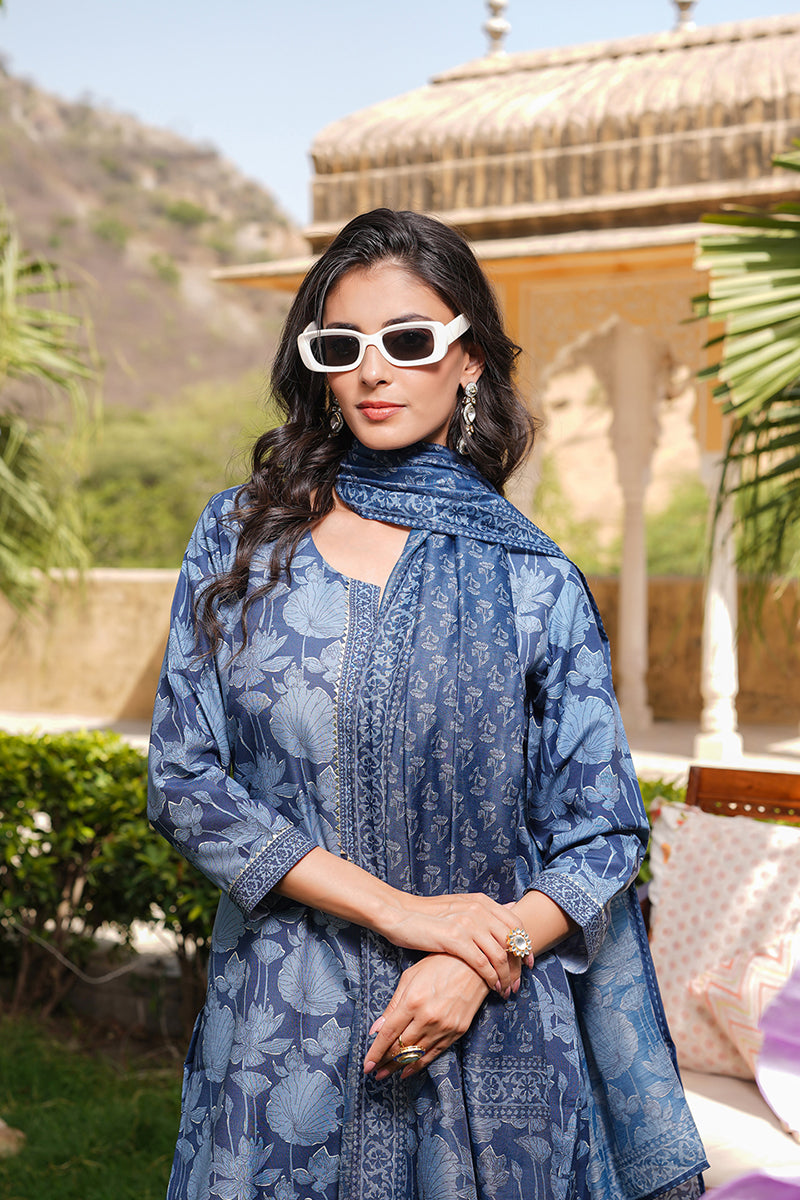 Blue Rayon Blend Floral Printed Straight Kurta Trousers With Dupatta VKSKD2360