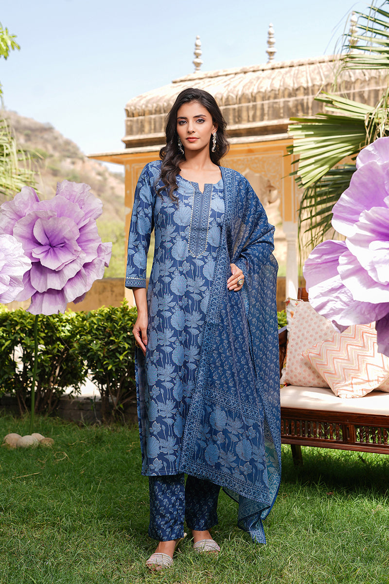 Blue Rayon Blend Floral Printed Straight Kurta Trousers With Dupatta VKSKD2360