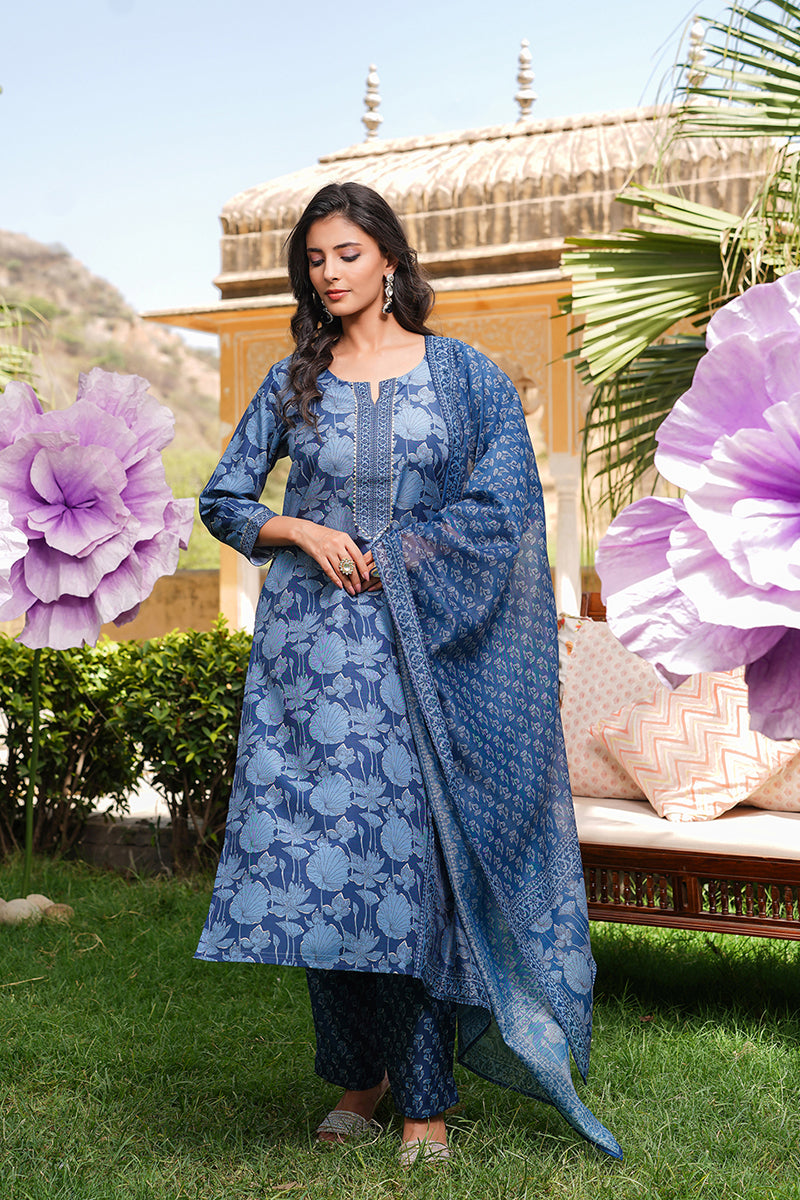 Blue Rayon Blend Floral Printed Straight Kurta Trousers With Dupatta VKSKD2360