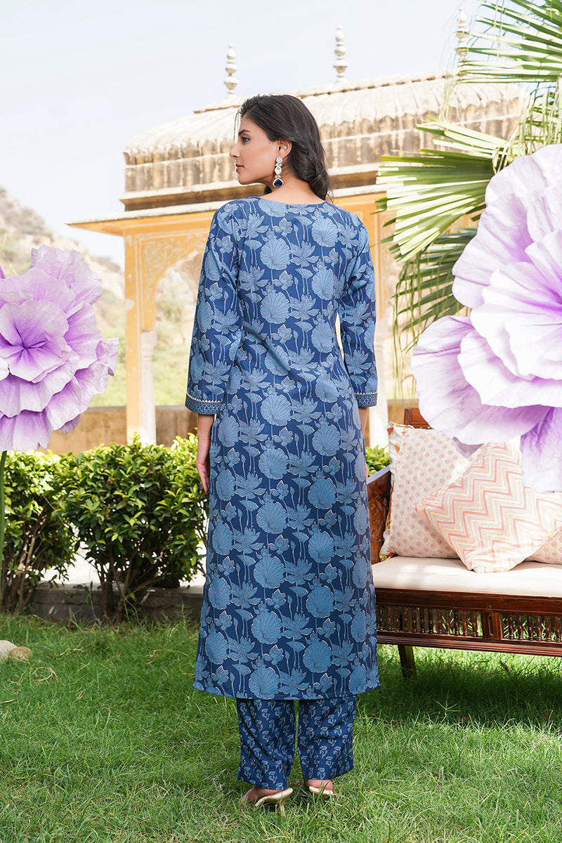 Blue Rayon Blend Floral Printed Straight Kurta Trousers With Dupatta VKSKD2360