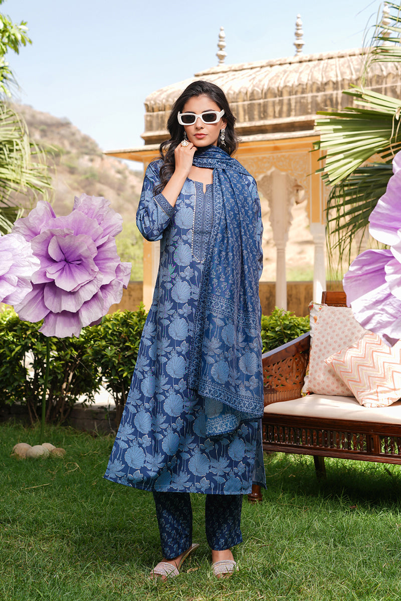 Blue Rayon Blend Floral Printed Straight Kurta Trousers With Dupatta VKSKD2360
