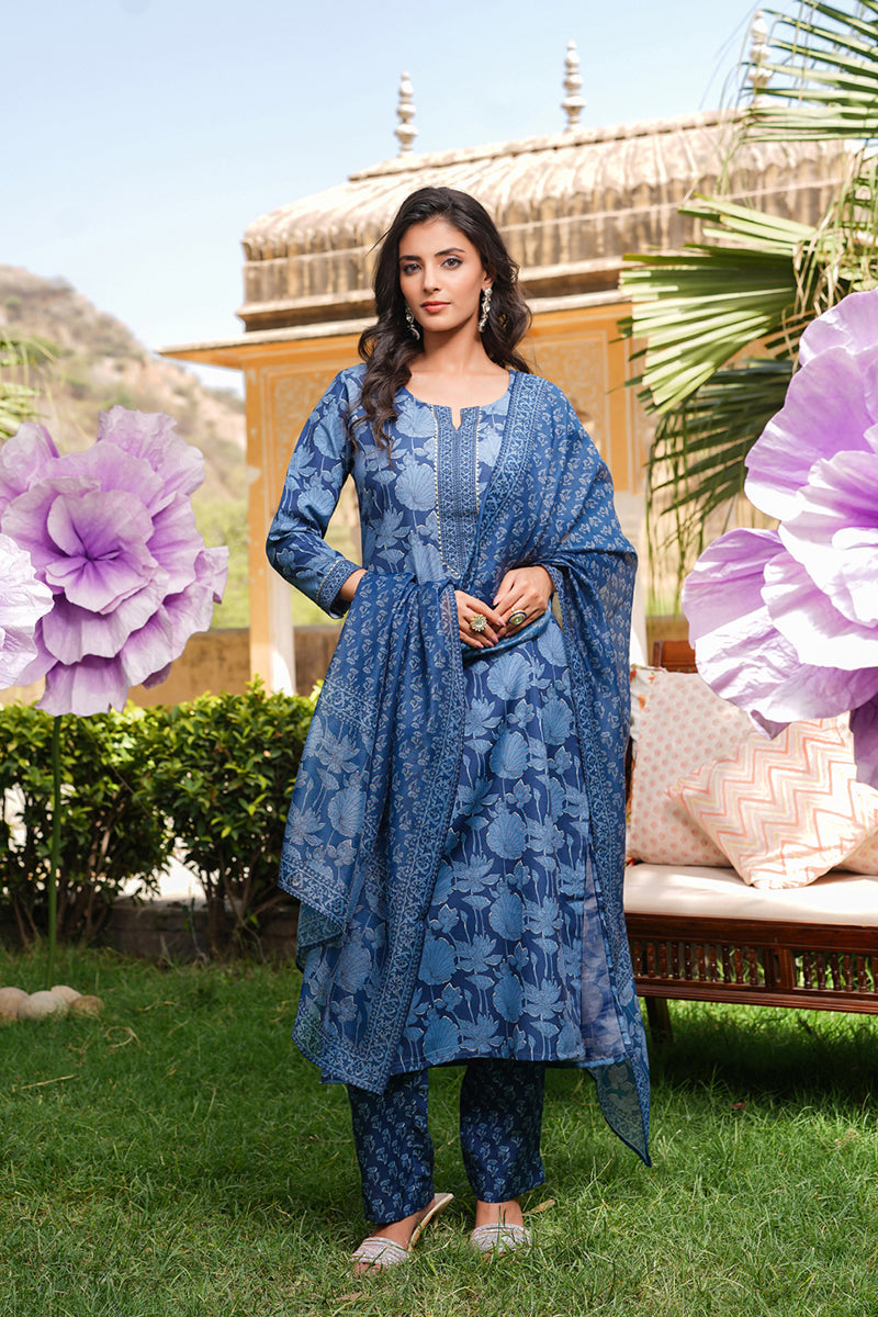 Blue Rayon Blend Floral Printed Straight Kurta Trousers With Dupatta VKSKD2360
